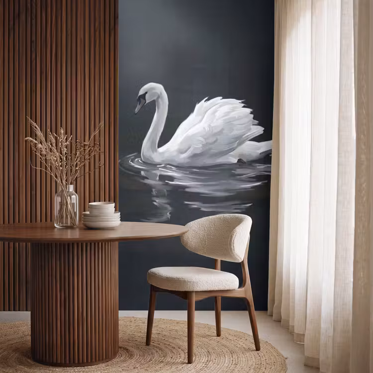 Zwaan - Water - Natuur - Realistisch - Wit Behang Vlies klein -sfeer1