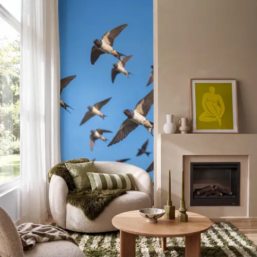 Zwaluwen - Vliegen - Blauw Behang Vlies klein -sfeer2