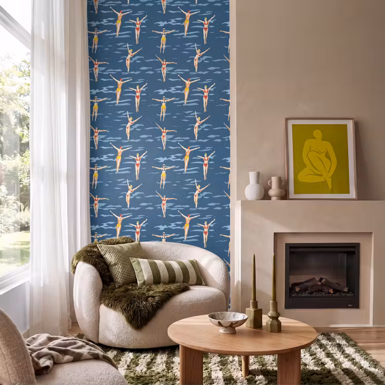 Zwemsters- Retro - Blauw Behang Vlies klein 1076 -sfeer2