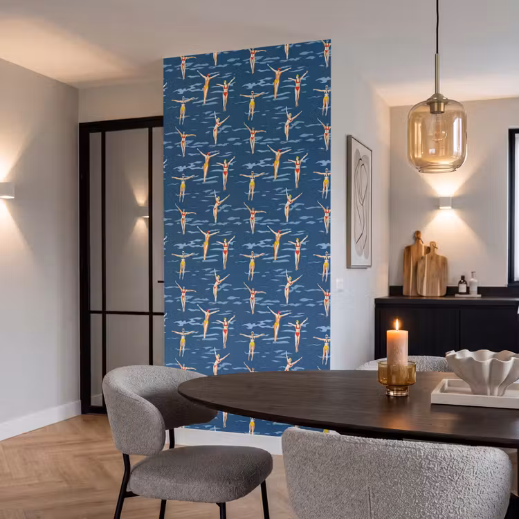 Zwemsters- Retro - Blauw Behang Vlies klein 1076 -sfeer3
