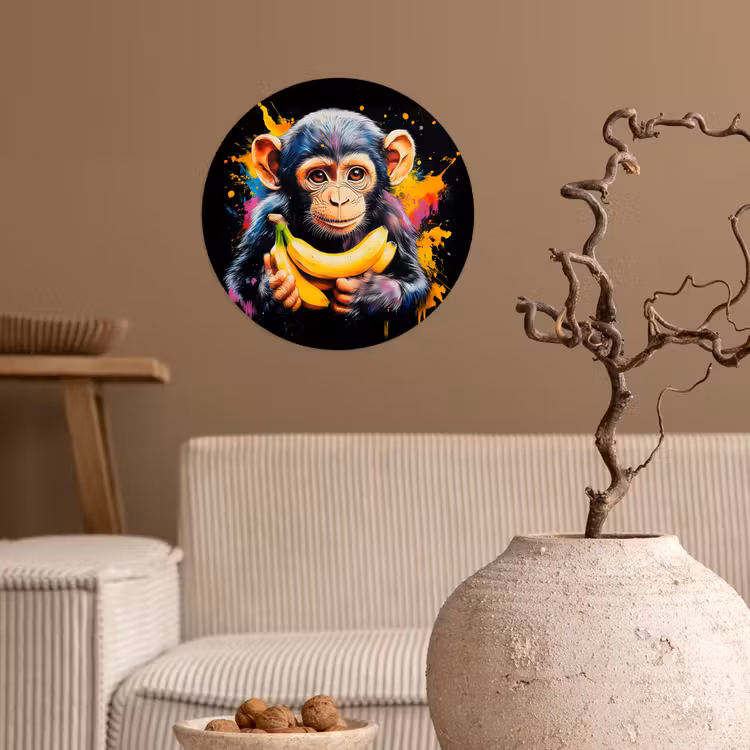 Aap - Graffiti - Kleurrijk - Bananen - Modern Wandcirkel behangsticker klein -sfeer1