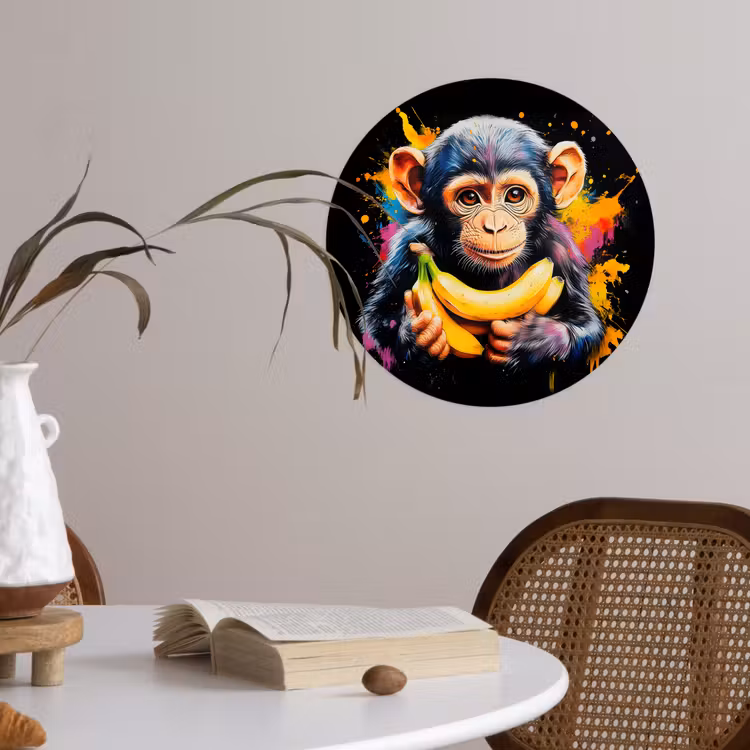 Aap - Graffiti - Kleurrijk - Bananen - Modern Wandcirkel behangsticker klein -sfeer3