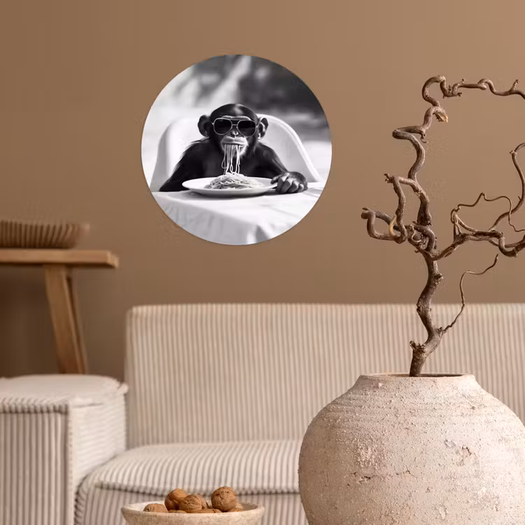 Aap - Spaghetti - Zonnebril - Zwart wit - Cool - Dier Wandcirkel behangsticker klein -sfeer1