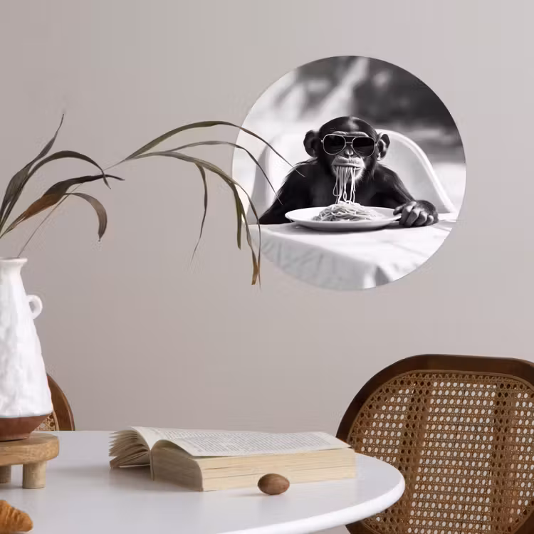 Aap - Spaghetti - Zonnebril - Zwart wit - Cool - Dier Wandcirkel behangsticker klein -sfeer3