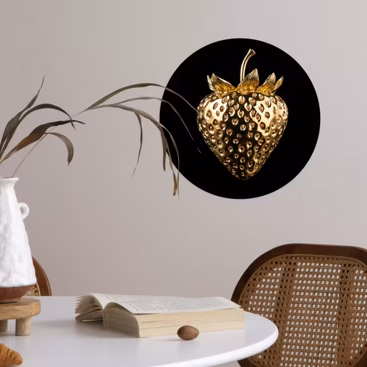 Aardbei - Goud - Zwart - Chrome Wandcirkel behangsticker klein -sfeer3