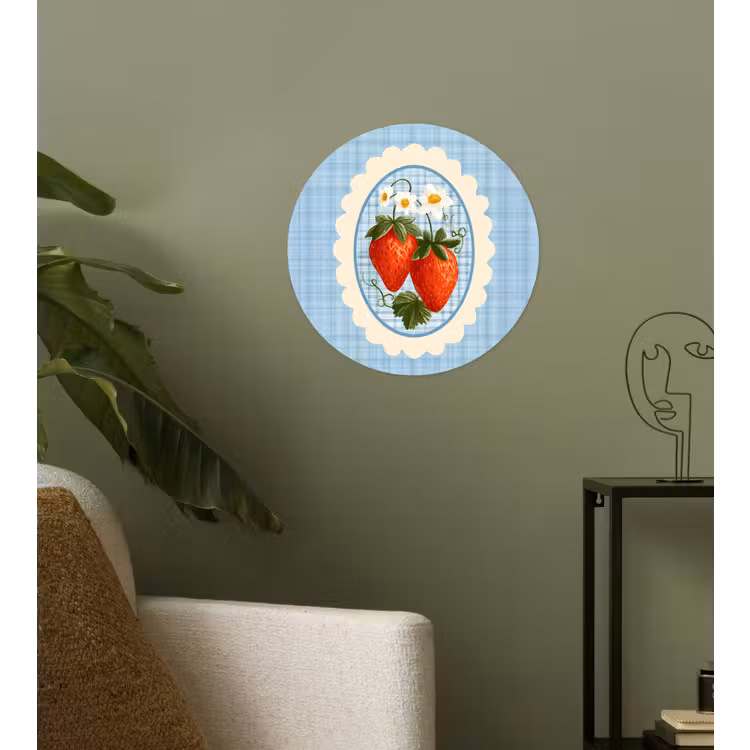 Aardbeien - Lijst - Rood - Geruit Wandcirkel behangsticker klein -sfeer2