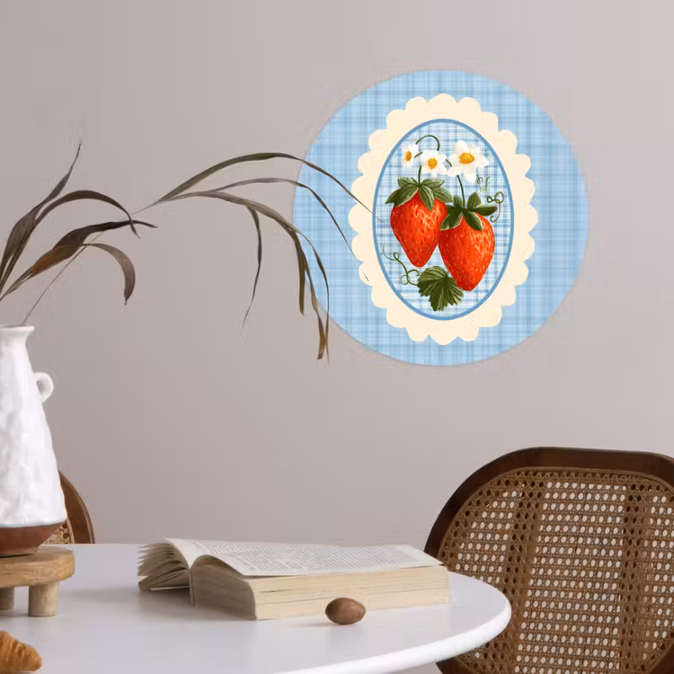 Aardbeien - Lijst - Rood - Geruit Wandcirkel behangsticker klein -sfeer3