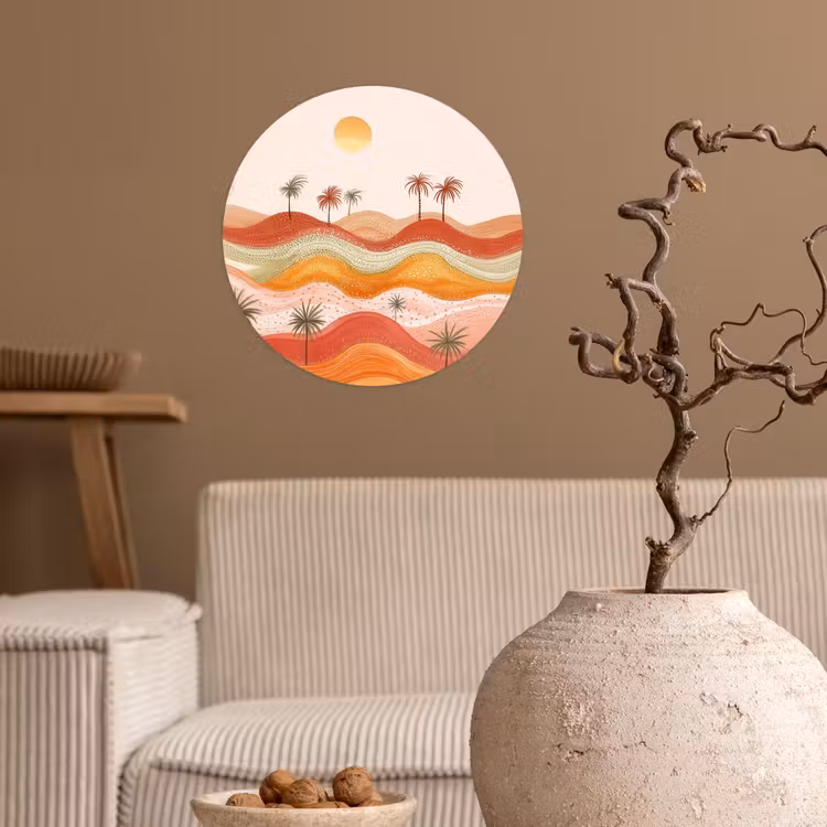 Abstract landschap - Palmbomen - Kleurrijk Wandcirkel behangsticker klein -sfeer1