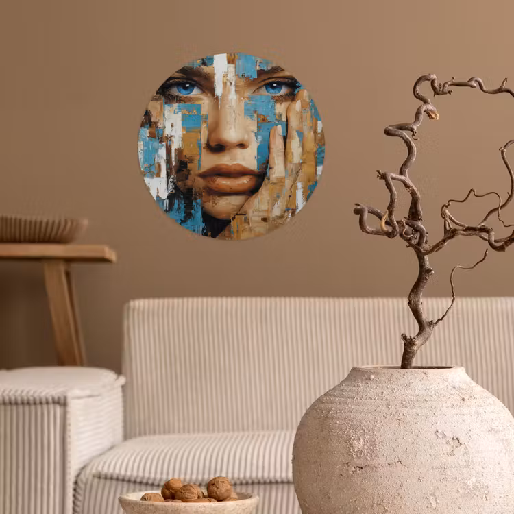 Abstract - Penseelstreken - Blauw - Gezicht Wandcirkel behangsticker klein -sfeer1