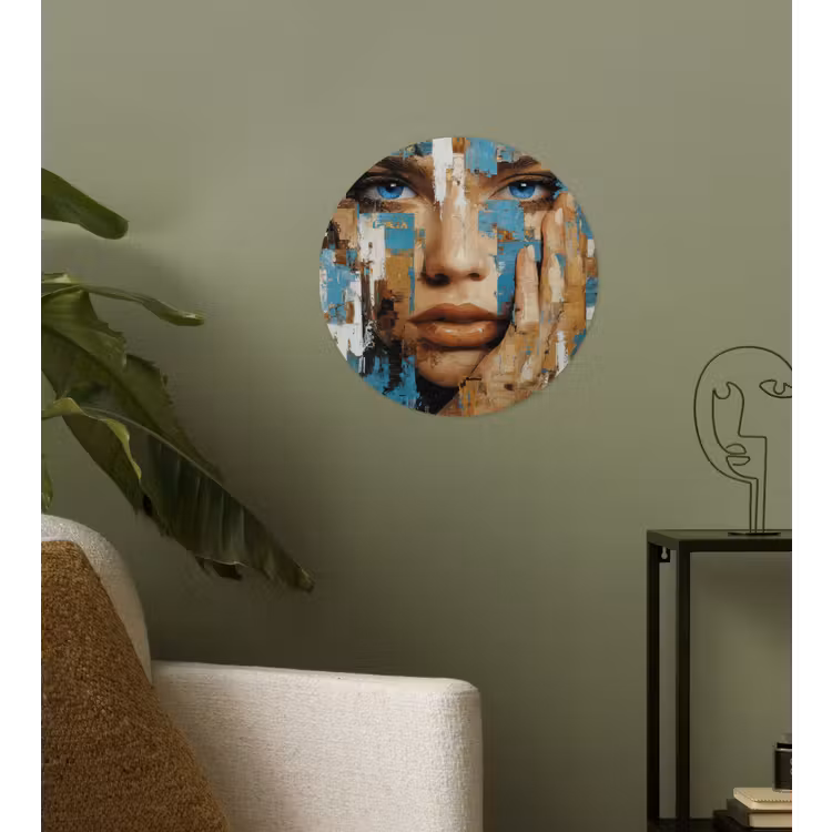 Abstract - Penseelstreken - Blauw - Gezicht Wandcirkel behangsticker klein -sfeer2