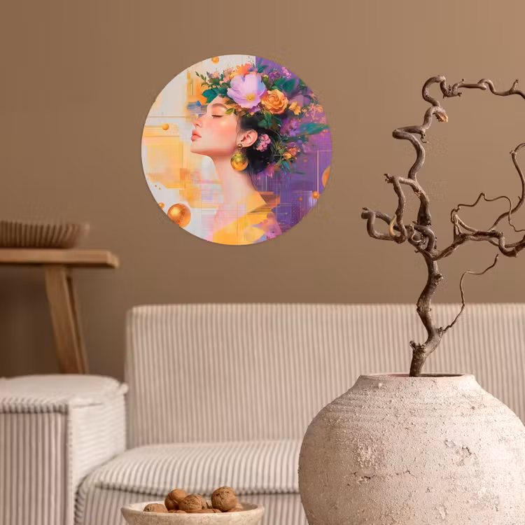 Abstract - Vrouw - Bloemenkroon - Goud Wandcirkel behangsticker klein -sfeer1