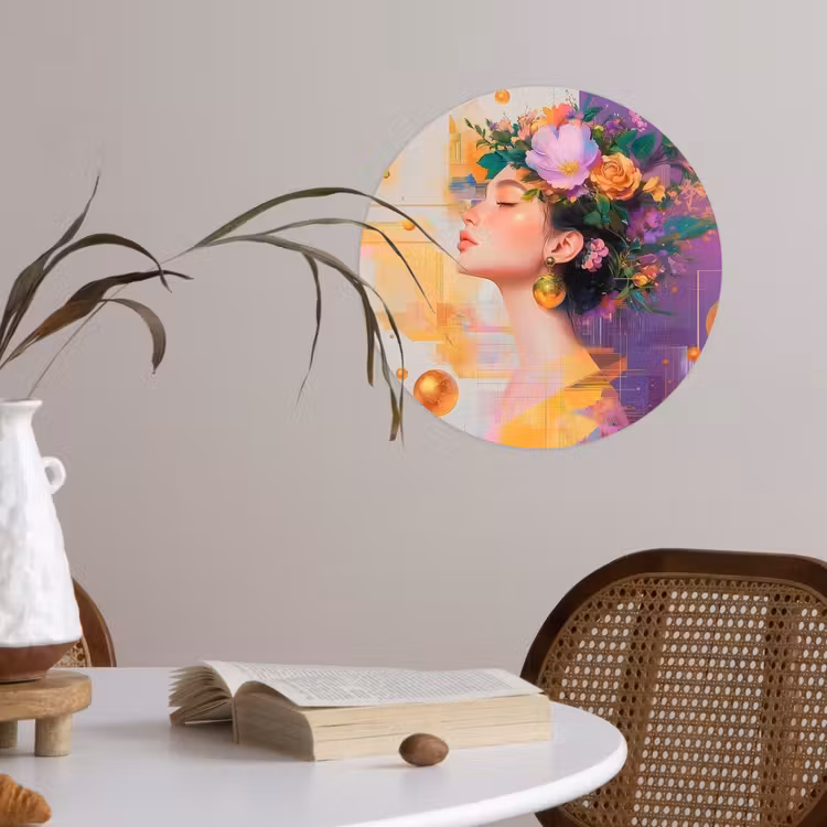 Abstract - Vrouw - Bloemenkroon - Goud Wandcirkel behangsticker klein -sfeer3