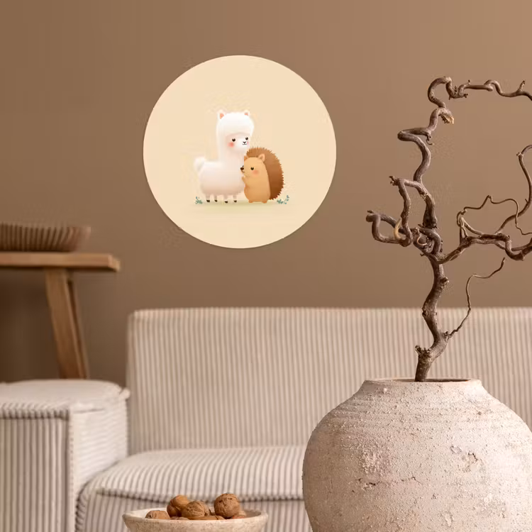 Alpaca - Egel - Bruin - Knuffelen Wandcirkel behangsticker klein -sfeer1