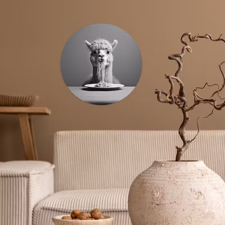 Alpaca - Pasta - Zwart - Wit - Grappig - Dieren Wandcirkel behangsticker klein -sfeer1