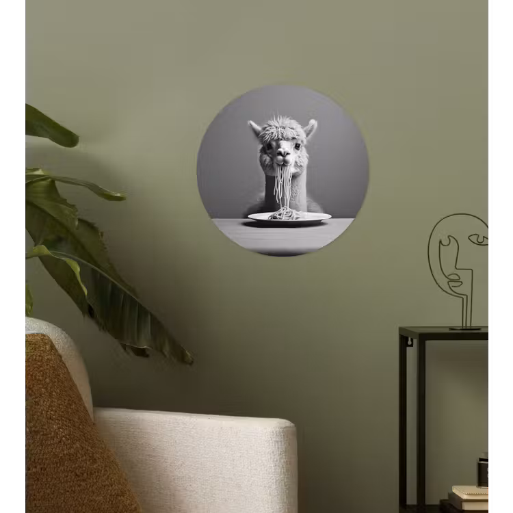 Alpaca - Pasta - Zwart - Wit - Grappig - Dieren Wandcirkel behangsticker klein -sfeer2