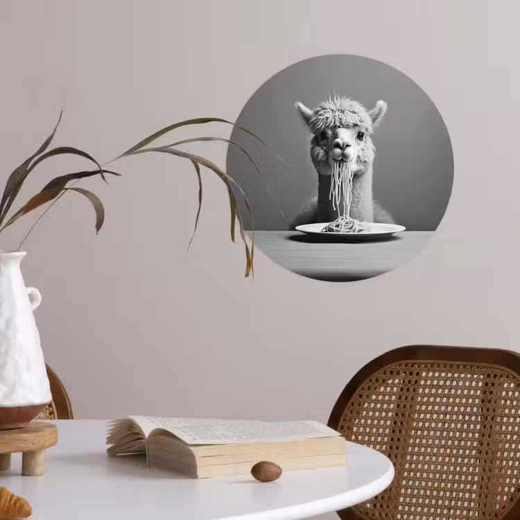Alpaca - Pasta - Zwart - Wit - Grappig - Dieren Wandcirkel behangsticker klein -sfeer3