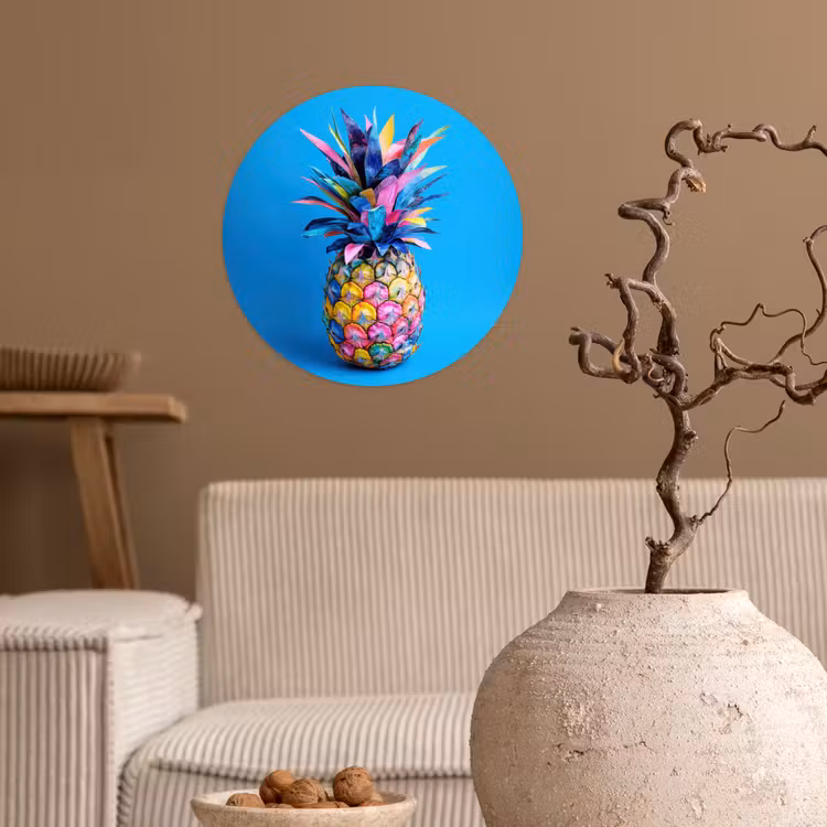 Ananas - Blauw - Tropisch - Vrolijk Wandcirkel behangsticker klein -sfeer1