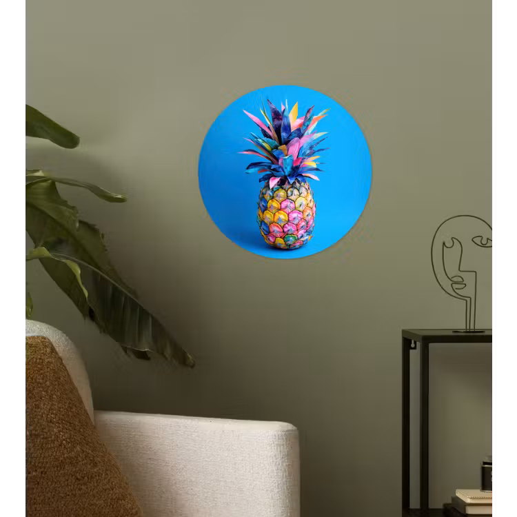 Ananas - Blauw - Tropisch - Vrolijk Wandcirkel behangsticker klein -sfeer2