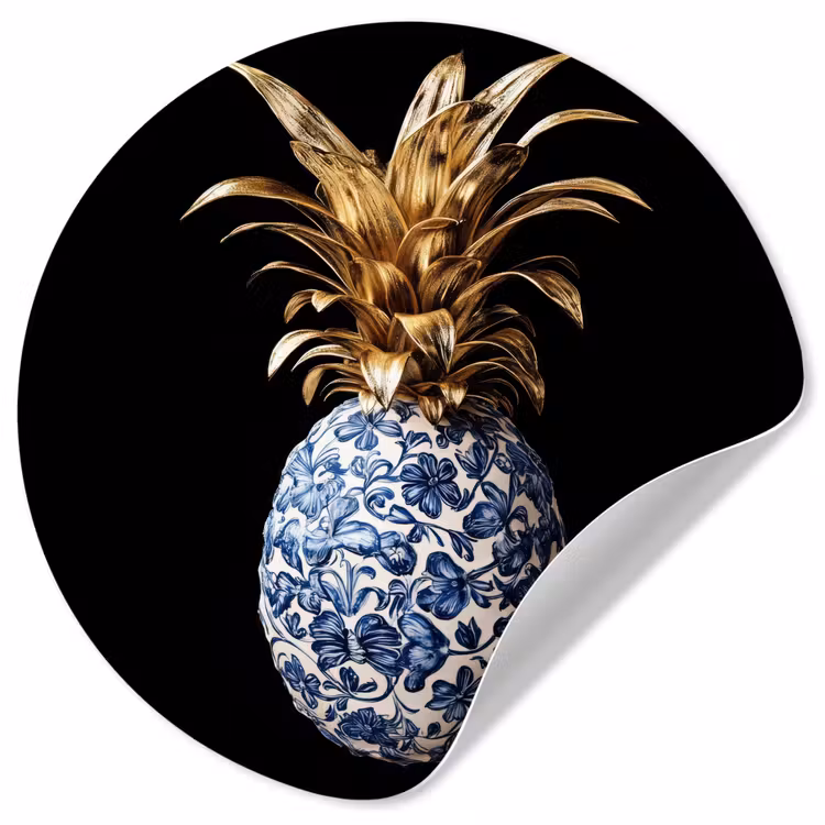 Ananas - Bloemen patroon - Goud - Delftsblauw Wandcirkel behangsticker klein -3d