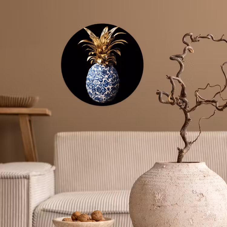 Ananas - Bloemen patroon - Goud - Delftsblauw Wandcirkel behangsticker klein -sfeer1