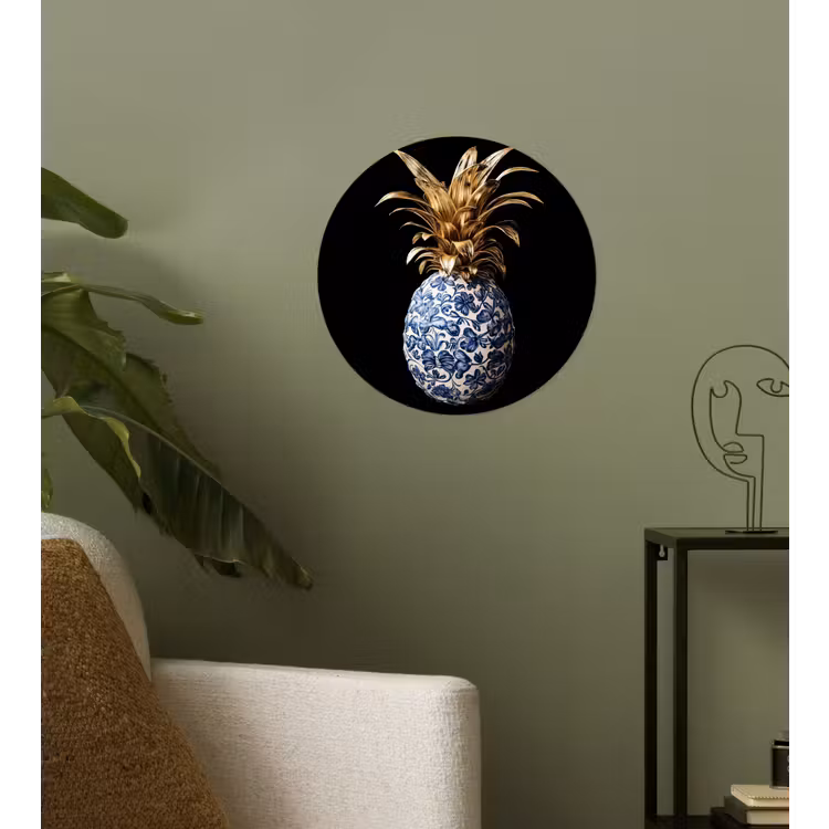 Ananas - Bloemen patroon - Goud - Delftsblauw Wandcirkel behangsticker klein -sfeer2