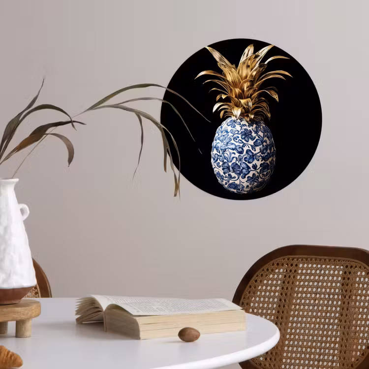 Ananas - Bloemen patroon - Goud - Delftsblauw Wandcirkel behangsticker klein -sfeer3