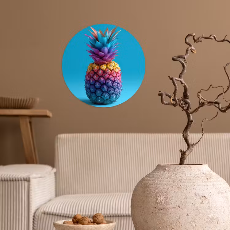 Ananas - Regenboog - Blauw - Popart Wandcirkel behangsticker klein -sfeer1