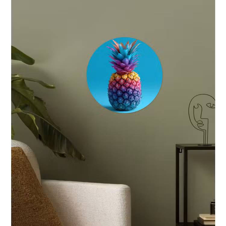 Ananas - Regenboog - Blauw - Popart Wandcirkel behangsticker klein -sfeer2