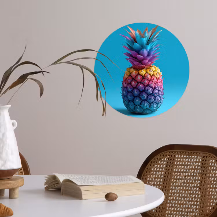 Ananas - Regenboog - Blauw - Popart Wandcirkel behangsticker klein -sfeer3