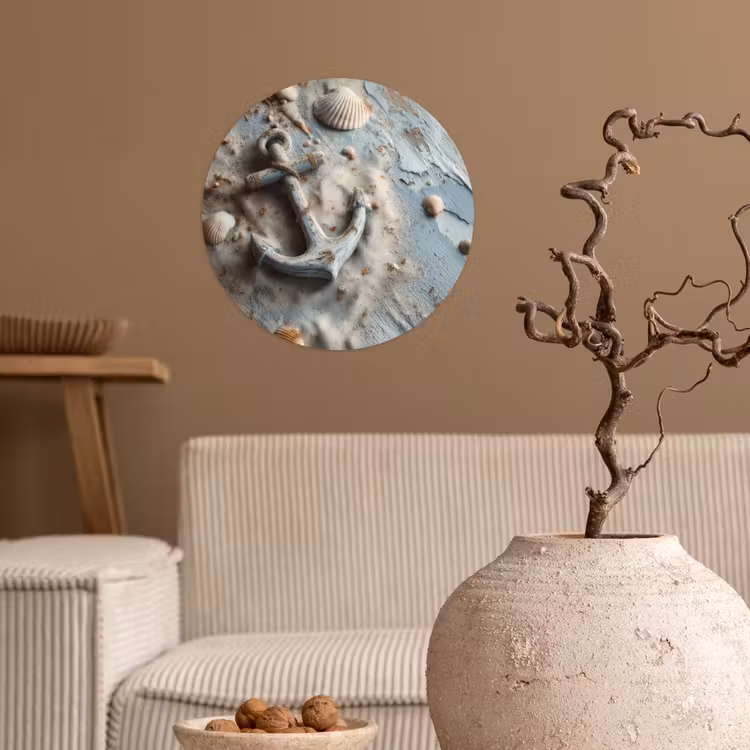 Anker - Hout - Schelpen - Zand Wandcirkel behangsticker klein -sfeer1