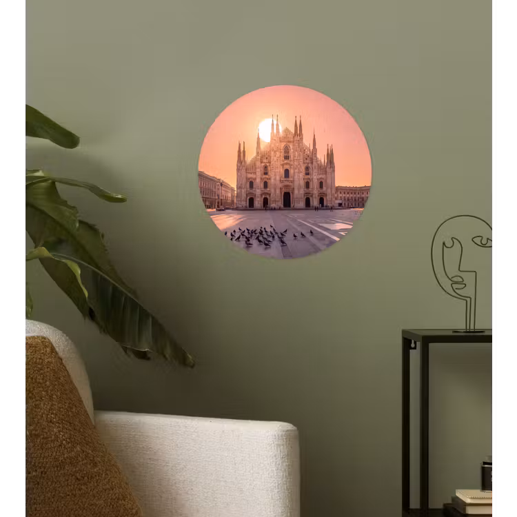 Architectuur - Milaan - Plein - Zonsopgang - Oranje Wandcirkel behangsticker klein -sfeer2