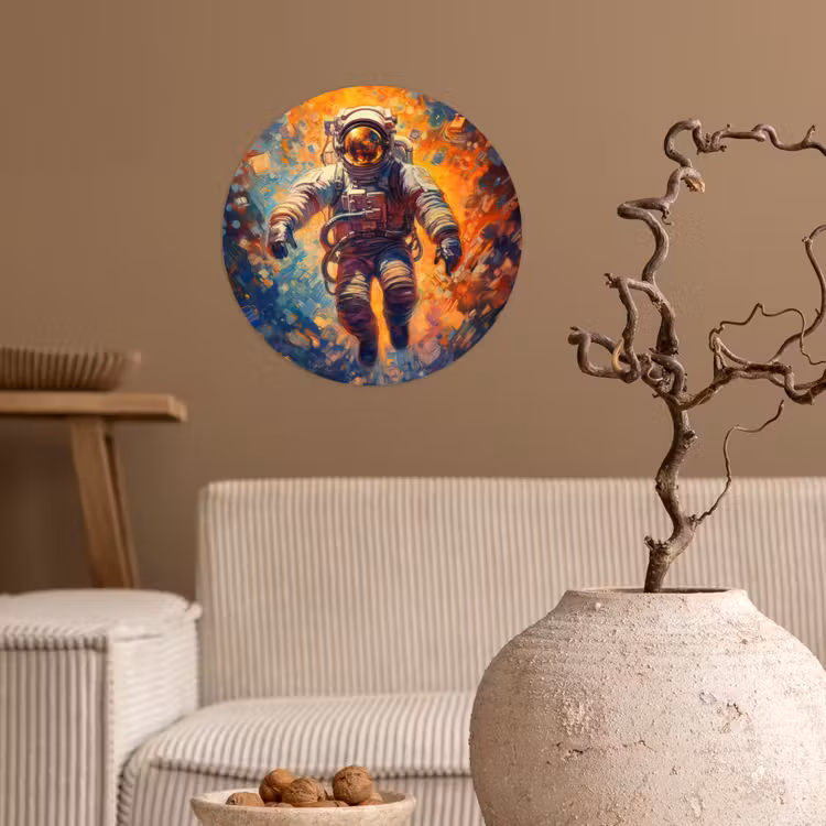 Astronaut - Neon - Oranje - Ruimte Wandcirkel behangsticker klein -sfeer1