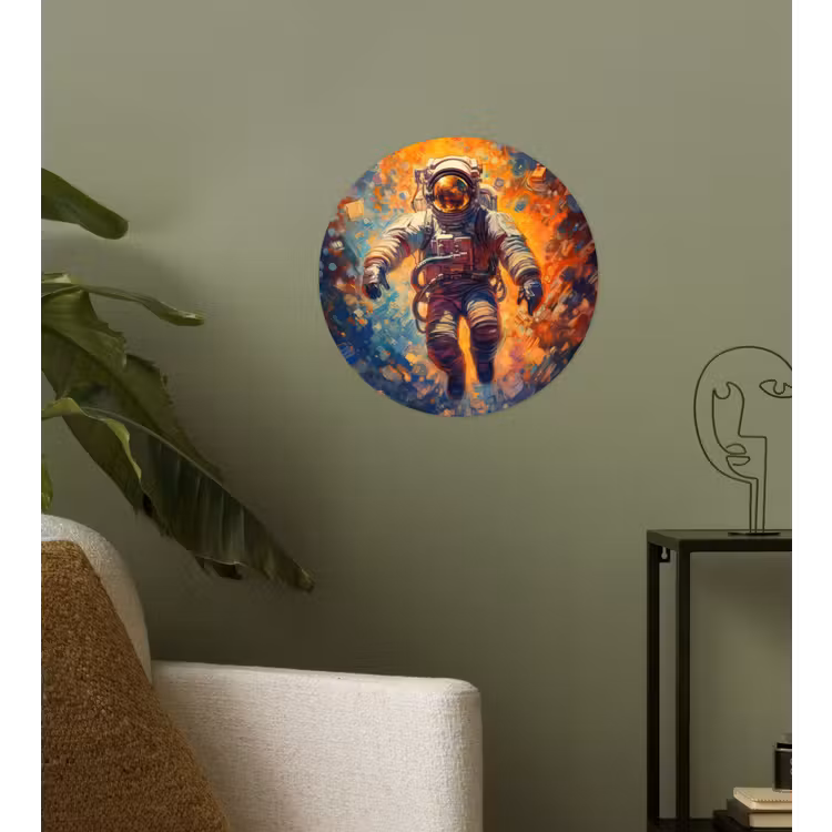 Astronaut - Neon - Oranje - Ruimte Wandcirkel behangsticker klein -sfeer2