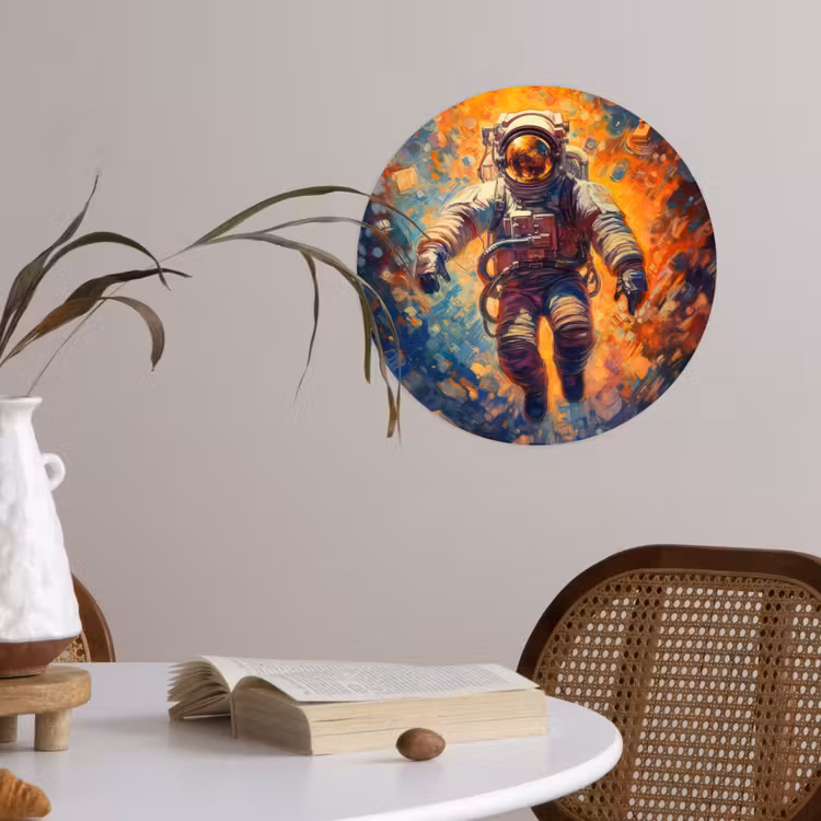Astronaut - Neon - Oranje - Ruimte Wandcirkel behangsticker klein -sfeer3