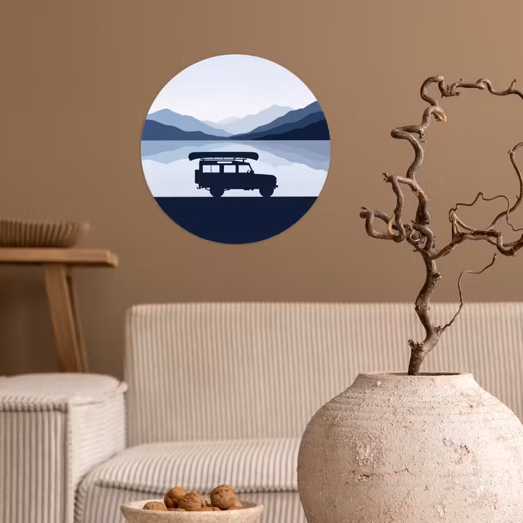 Auto - Meer - Bergen - Blauw Wandcirkel behangsticker klein -sfeer1