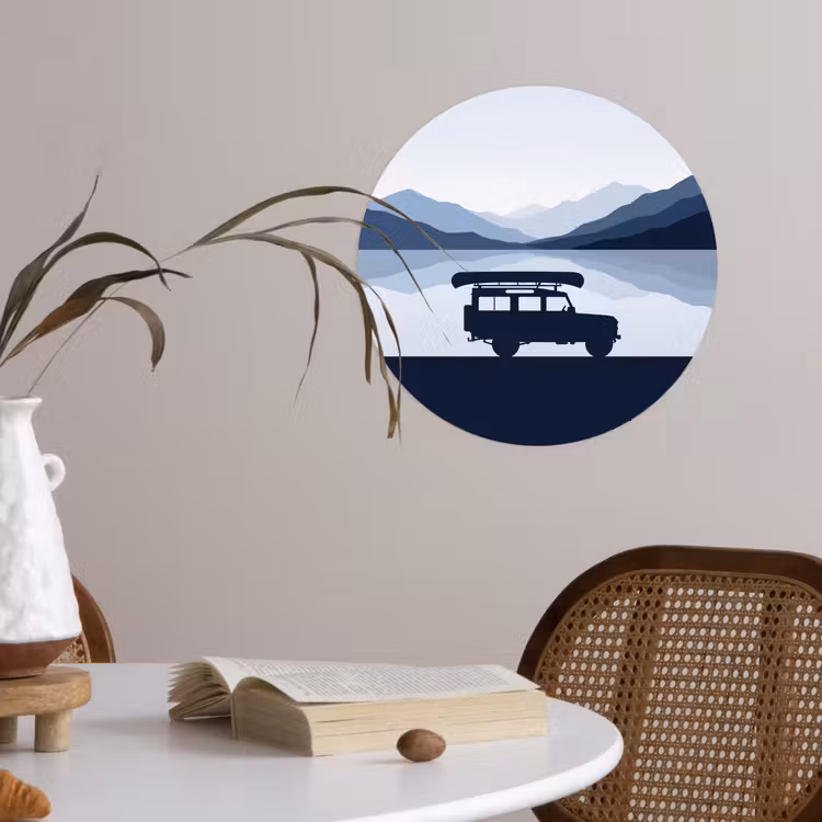Auto - Meer - Bergen - Blauw Wandcirkel behangsticker klein -sfeer3