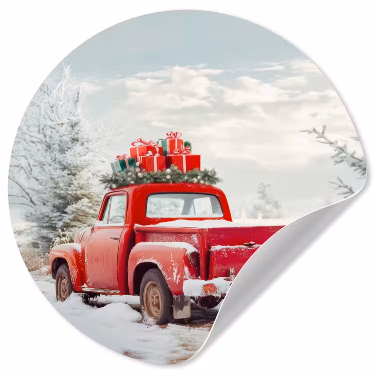 Auto - Rood - Cadeaus - Winter - Sneeuw - Kerst Wandcirkel behangsticker klein -3d