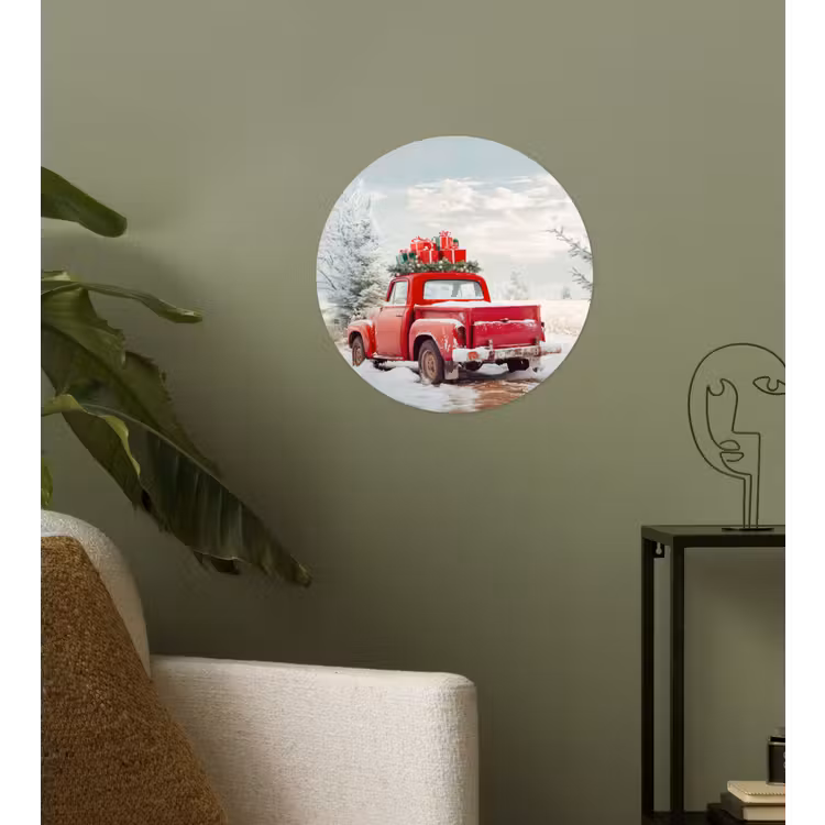 Auto - Rood - Cadeaus - Winter - Sneeuw - Kerst Wandcirkel behangsticker klein -sfeer2