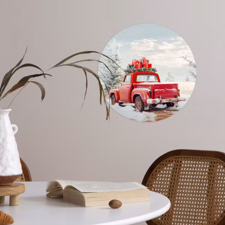 Auto - Rood - Cadeaus - Winter - Sneeuw - Kerst Wandcirkel behangsticker klein -sfeer3