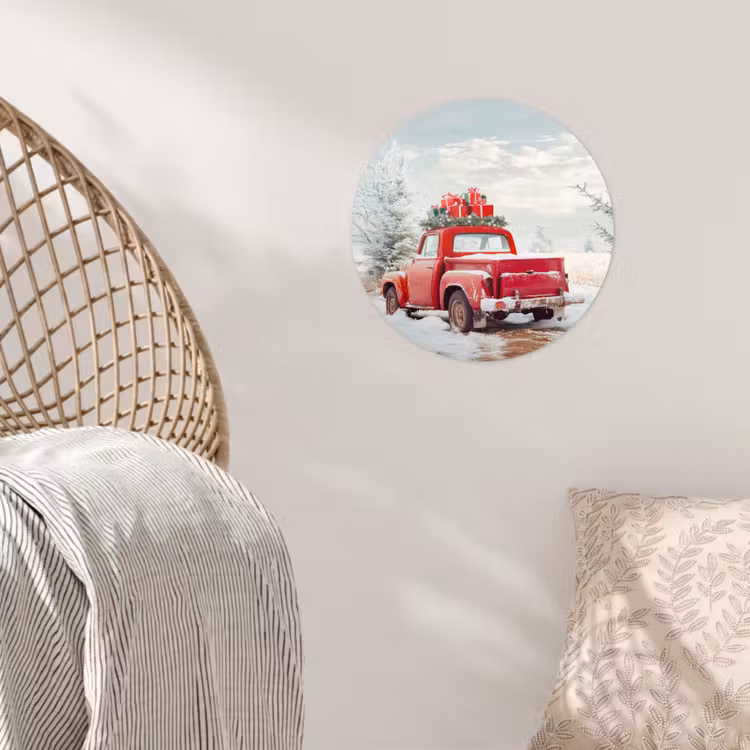 Auto - Rood - Cadeaus - Winter - Sneeuw - Kerst Wandcirkel behangsticker klein -sfeer4
