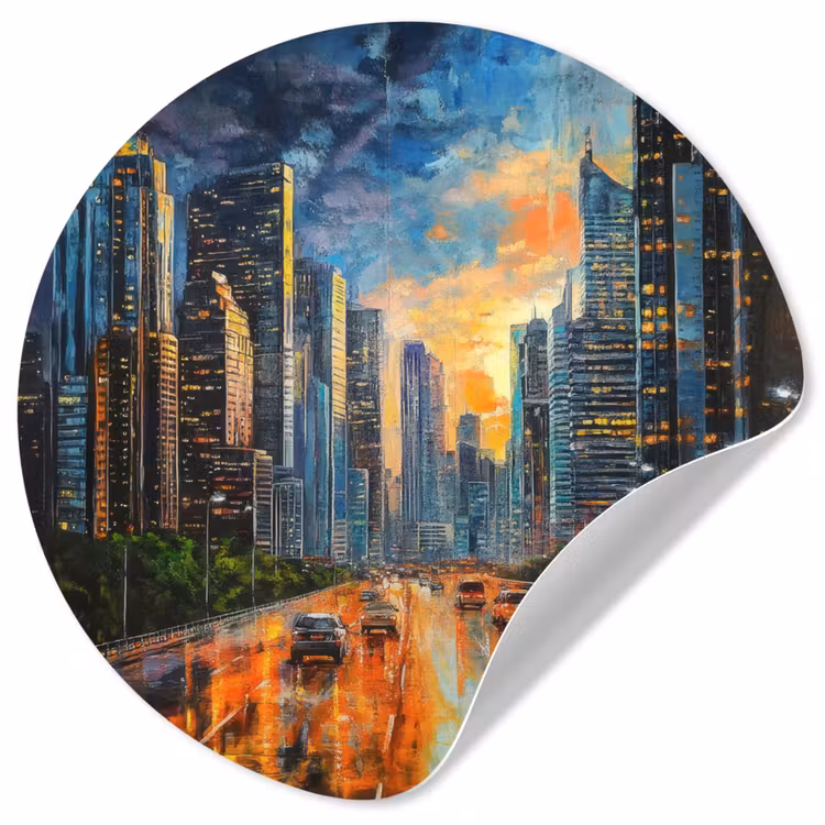 Auto - Skyline - Zon - Blauw Wandcirkel behangsticker klein -3d