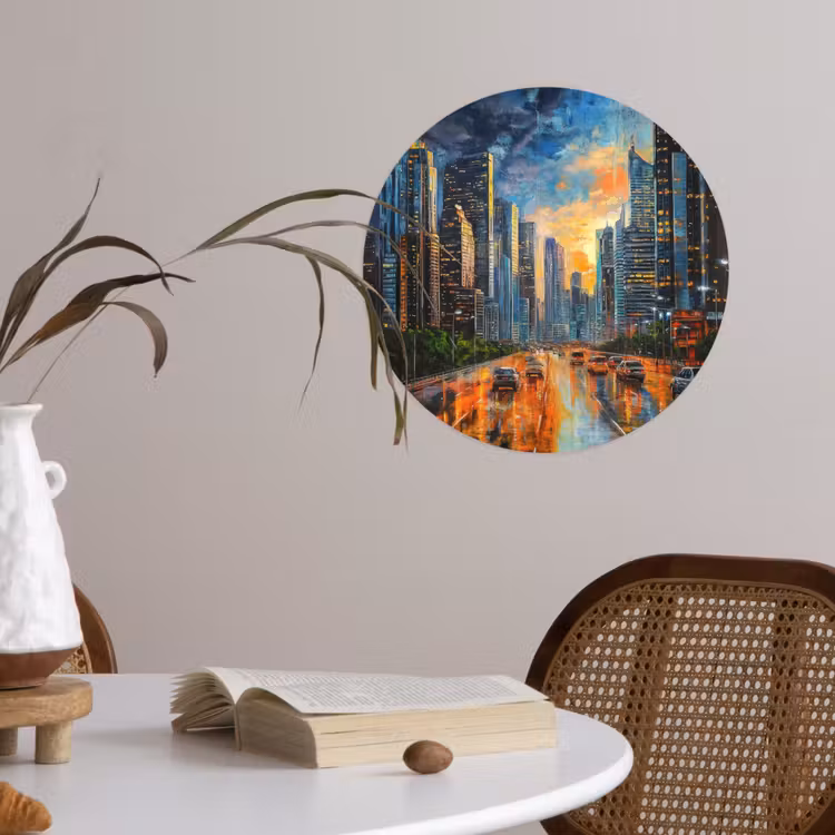 Auto - Skyline - Zon - Blauw Wandcirkel behangsticker klein -sfeer3