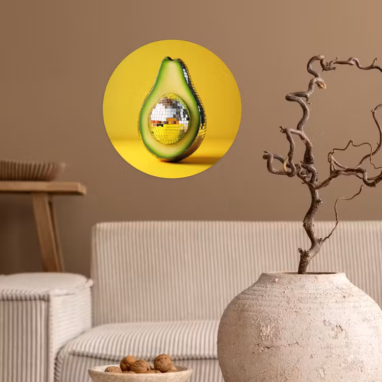 Avocado - Discobal - Geel - Glitter Wandcirkel behangsticker klein -sfeer1