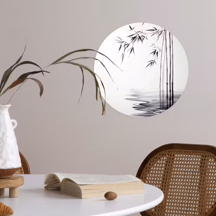 Bamboestammen - Water - Minimalistisch - Wit Wandcirkel behangsticker klein -sfeer3