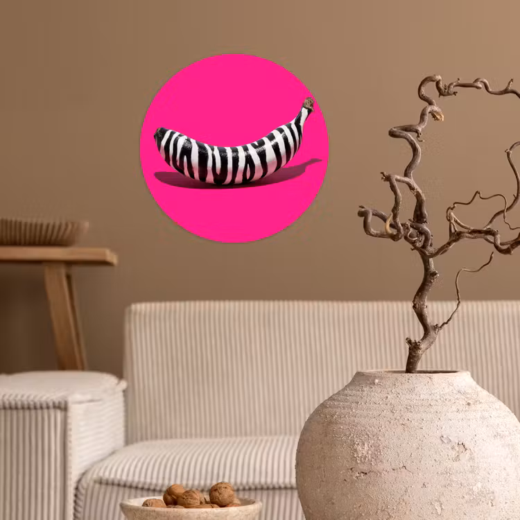 Banaan - Zebraprint - Roze Wandcirkel behangsticker klein -sfeer1