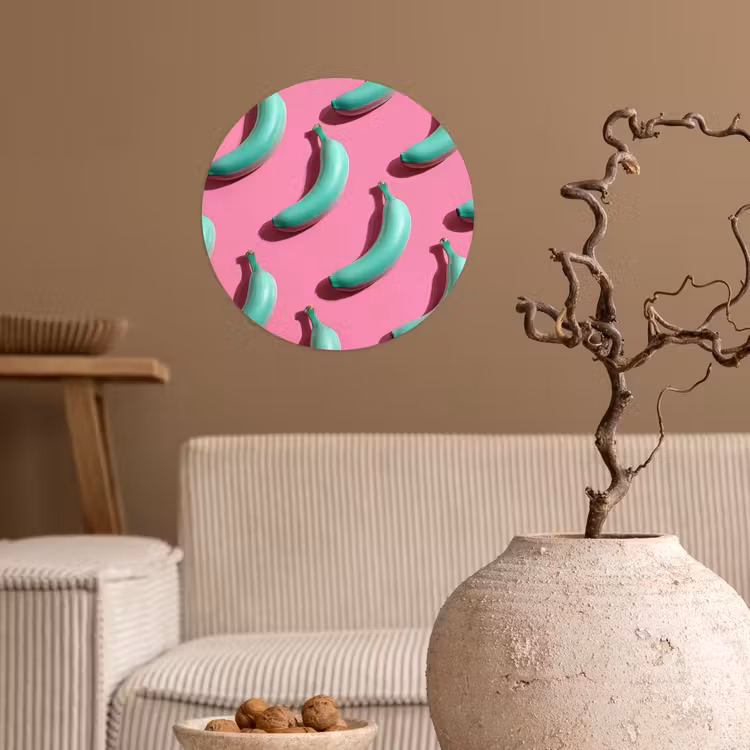 Bananen - Patroon - Blauw - Roze Wandcirkel behangsticker klein -sfeer1