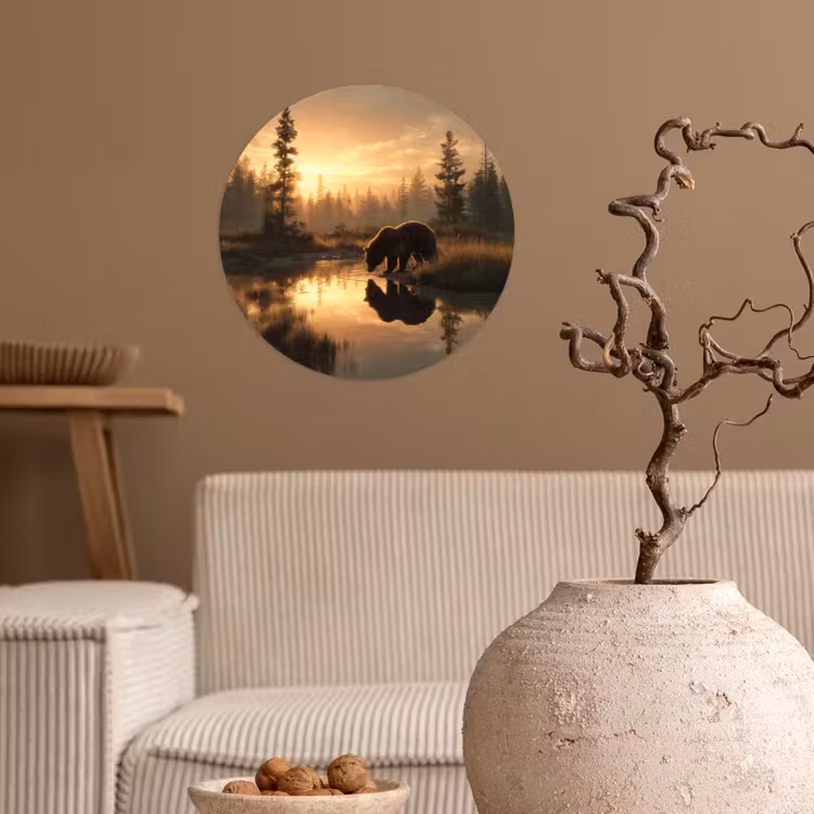 Beer - water - Bos - Ochtendlicht Wandcirkel behangsticker klein -sfeer1