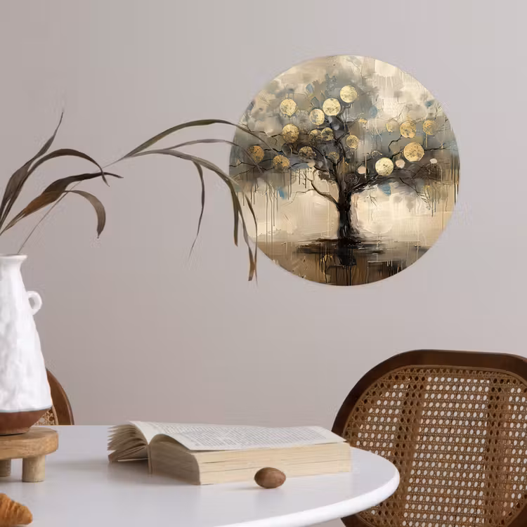 Beige - Abstract - Boom - Goud Wandcirkel behangsticker klein -sfeer3