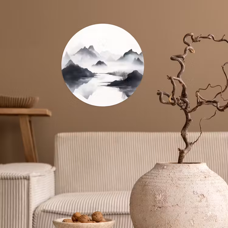 Bergen - Mistig - Water - Wit Wandcirkel behangsticker klein -sfeer1