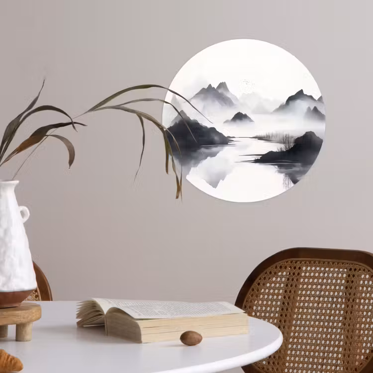 Bergen - Mistig - Water - Wit Wandcirkel behangsticker klein -sfeer3